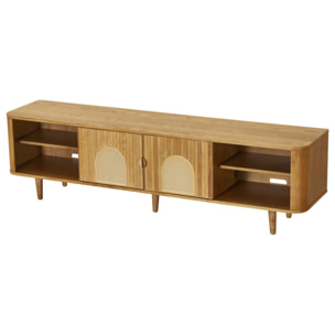 Milazzo - meuble tv - bois plaqué chêne et cannage - 4 niches et 2 portes - 180 cm - Bois