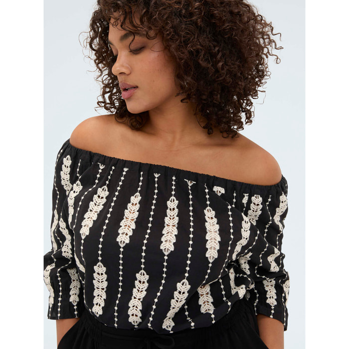 Fiorella Rubino - Blusa off shoulders con bordados - Negro