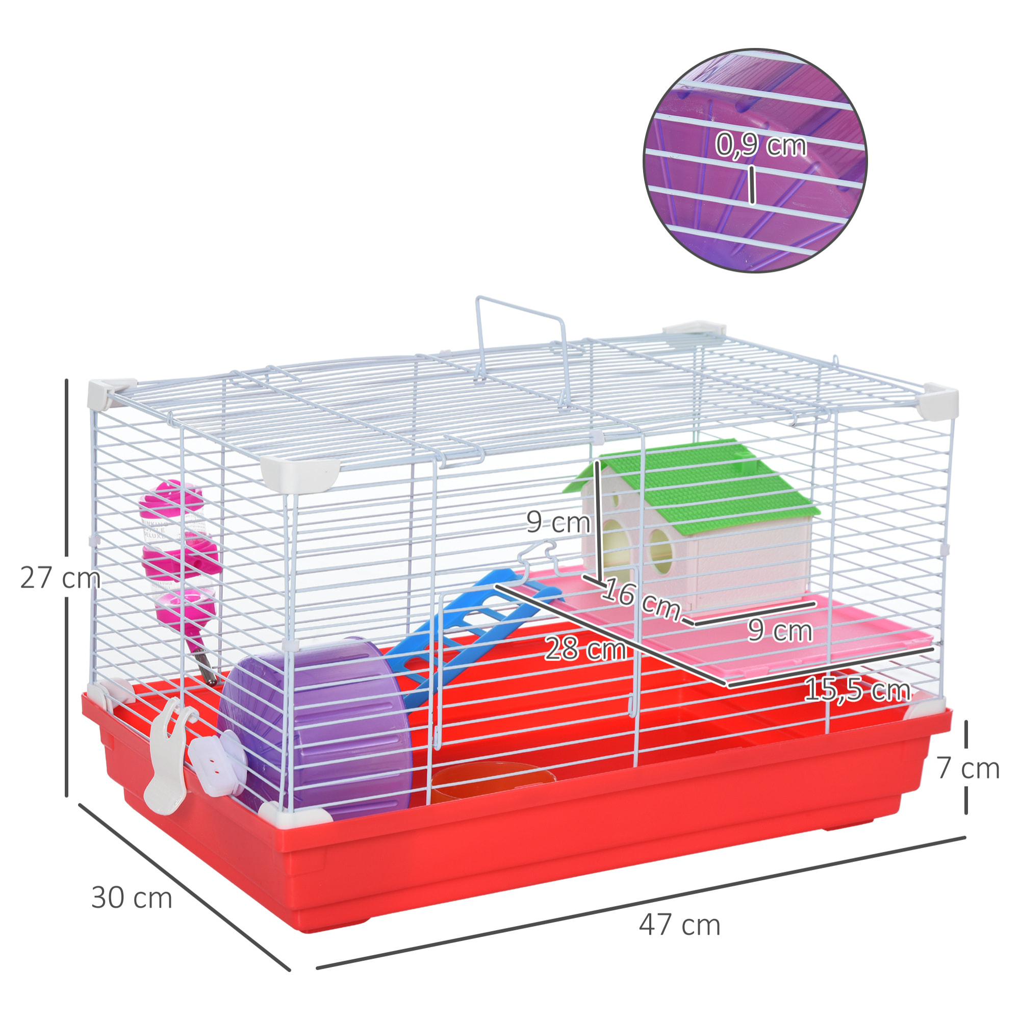 Jaula para Hámster Casa para Hámster 47x30x27 cm con 1 Piso Comedero Bebedero Rampa Rueda de Ejercicio para Animales Pequeños Blanco y Rojo