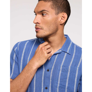 Camisa Manga Corta con Lino Azul Oscuro Rayas - Selvaire