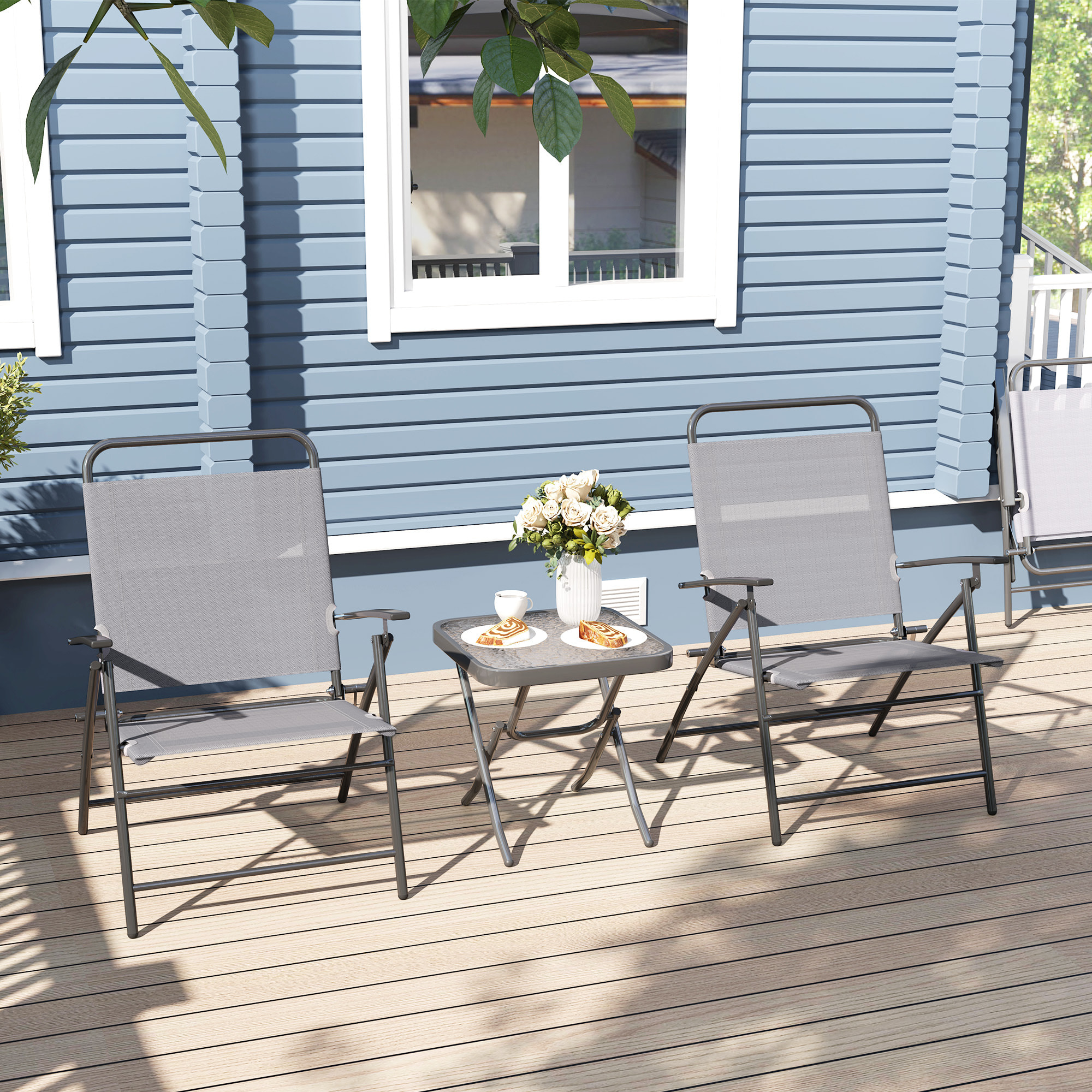 Conjunto de Mesa y Sillas de Terraza Exterior de 3 Piezas Muebles de Jardín Exterior Plegables con Respaldo Regulable Tablero de Vidrio y Estructura de Acero