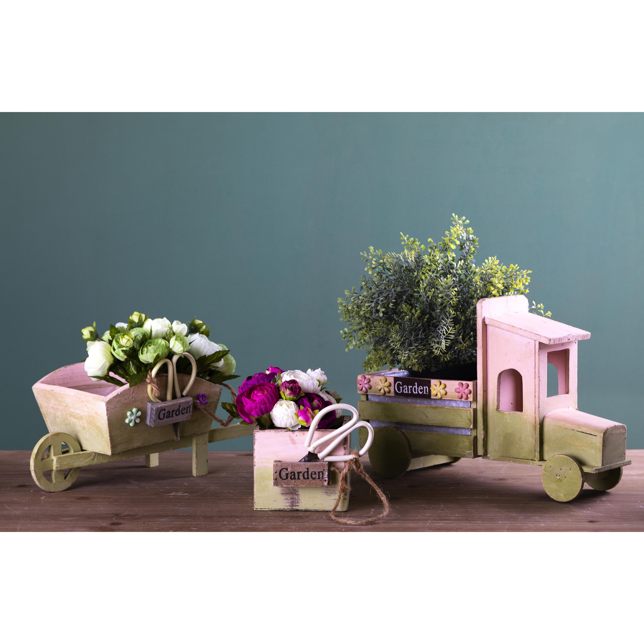 Camioncino In Legno Con Fiori. Larghezza 36 Cm - Pezzi 1 - 36X25X14cm - Colore: Rosa - Bianchi Dino - Decori Casa E Complementi