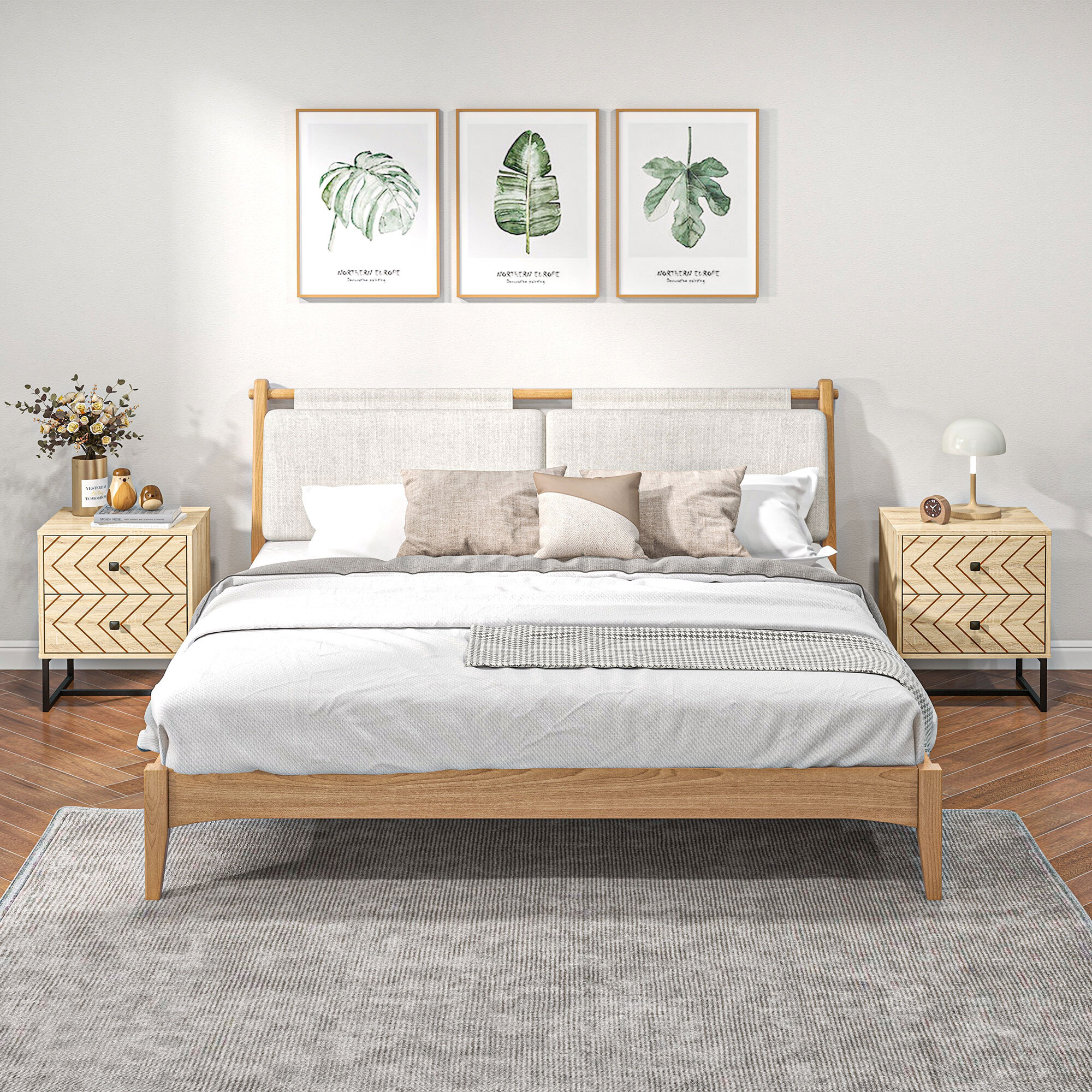 Conjunto de 2 Mesitas de Noche Mesillas de Noche con 2 Cajones y Patas de Metal Estilo Moderno para Dormitorio Salón Oficina 48x39,5x60 cm Natural