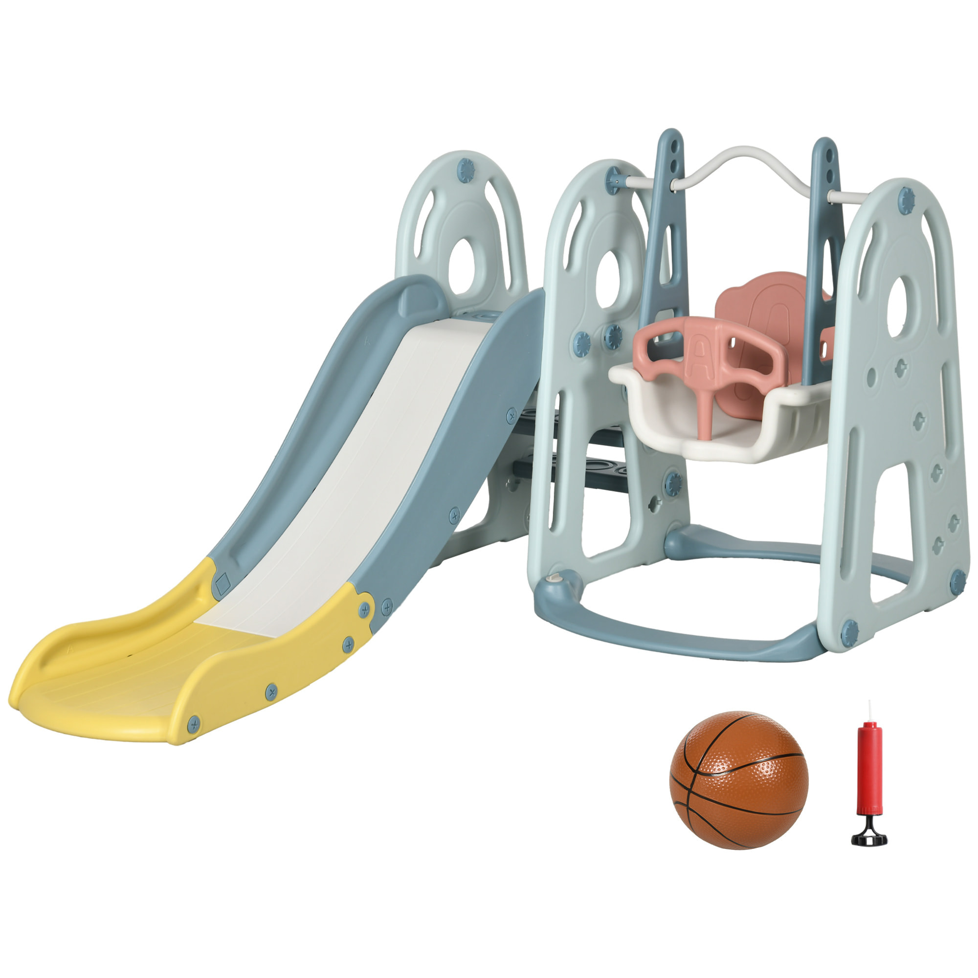 Portique enfant toboggan et balançoire avec panier de basket-ball aire de jeux 3 en 1 usage intérieur et extérieur dim. 200 x 150 x 100 cm