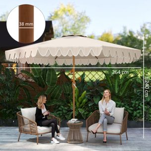 Sombrilla Terraza Exterior, Ø264x240 cm, Sombrilla de Jardín con Ángulo Ajustable, Manivela y Volantes, Impermeable, Parasol para Playa, Patio, Balcón, Crema