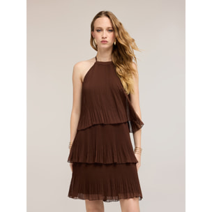 Motivi - Vestido corto plisado con volantes - Marrón