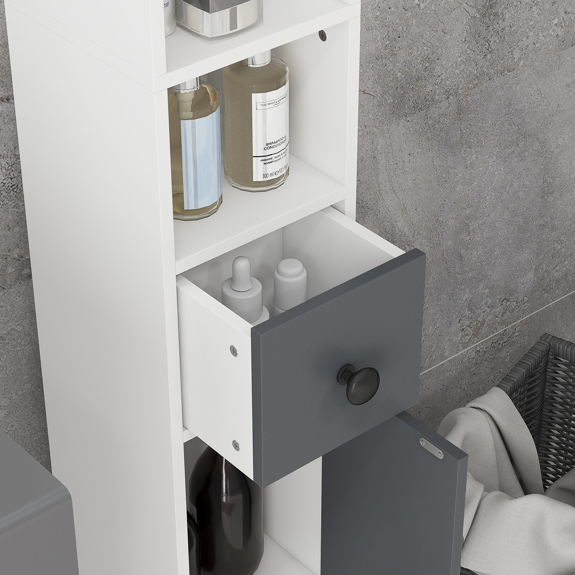 Columna de Baño Moderna Armario Alto de Baño con 1 Cajón 5 Estantes Ajustables y 2 Puertas Mueble de Baño Carga 30 kg 20x20x180 cm Gris
