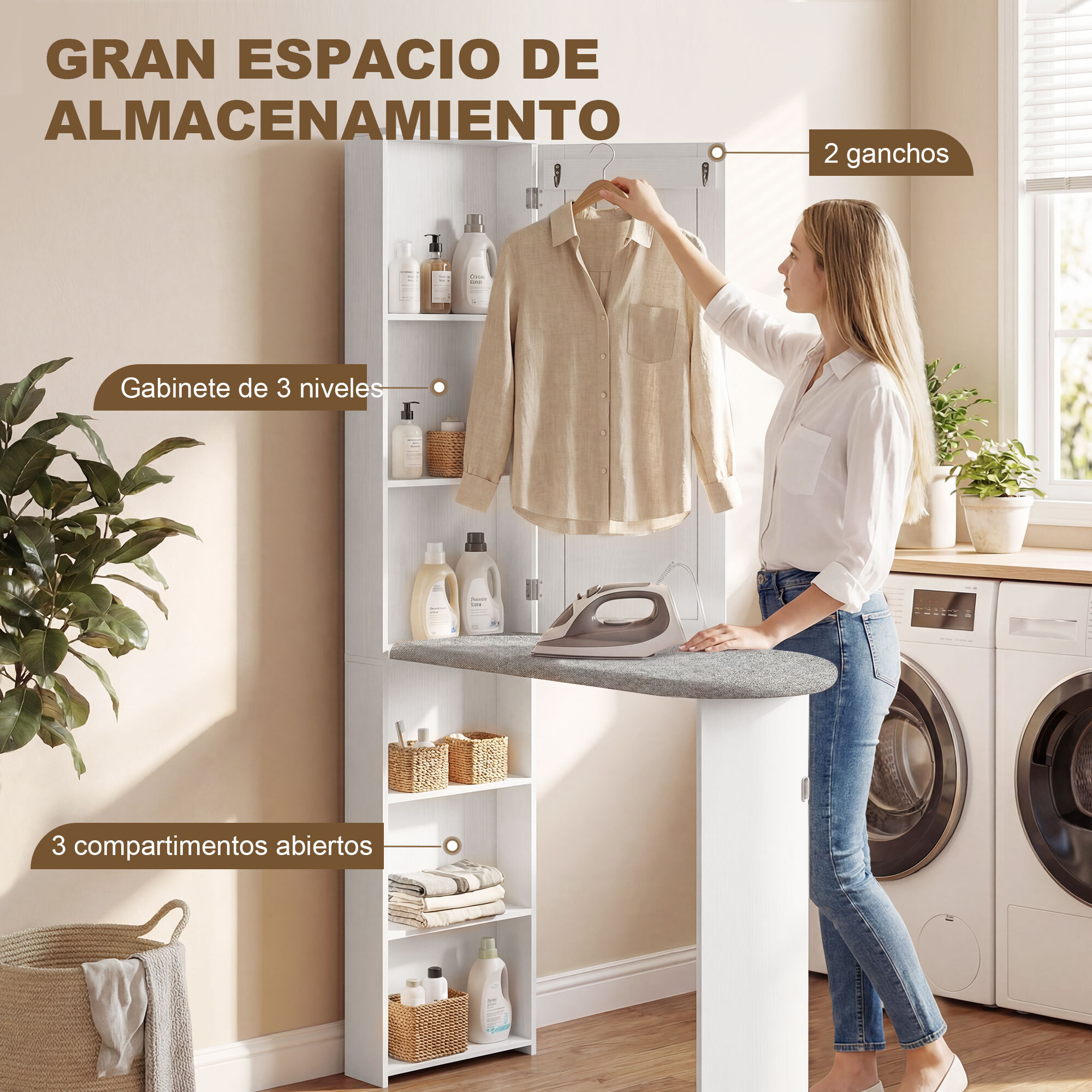 Mueble de Plancha con Espejo, Tabla de Planchar Plegable, Mueble Planchador con 6 Compartimentos, 2 Ganchos, para Espacios Reducidos, 107x35x174 cm, Blanco