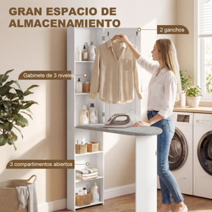 Mueble de Plancha con Espejo, Tabla de Planchar Plegable, Mueble Planchador con 6 Compartimentos, 2 Ganchos, para Espacios Reducidos, 107x35x174 cm, Blanco