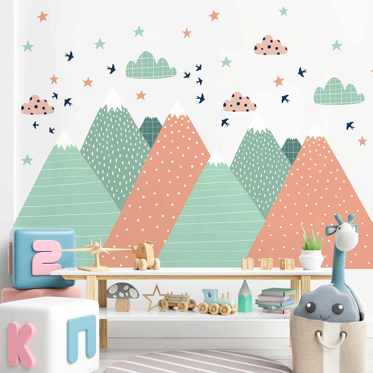 Stickers muraux enfants - Décoration chambre bébé - Autocollant Sticker mural géant enfant montagnes scandinaves RODIKA