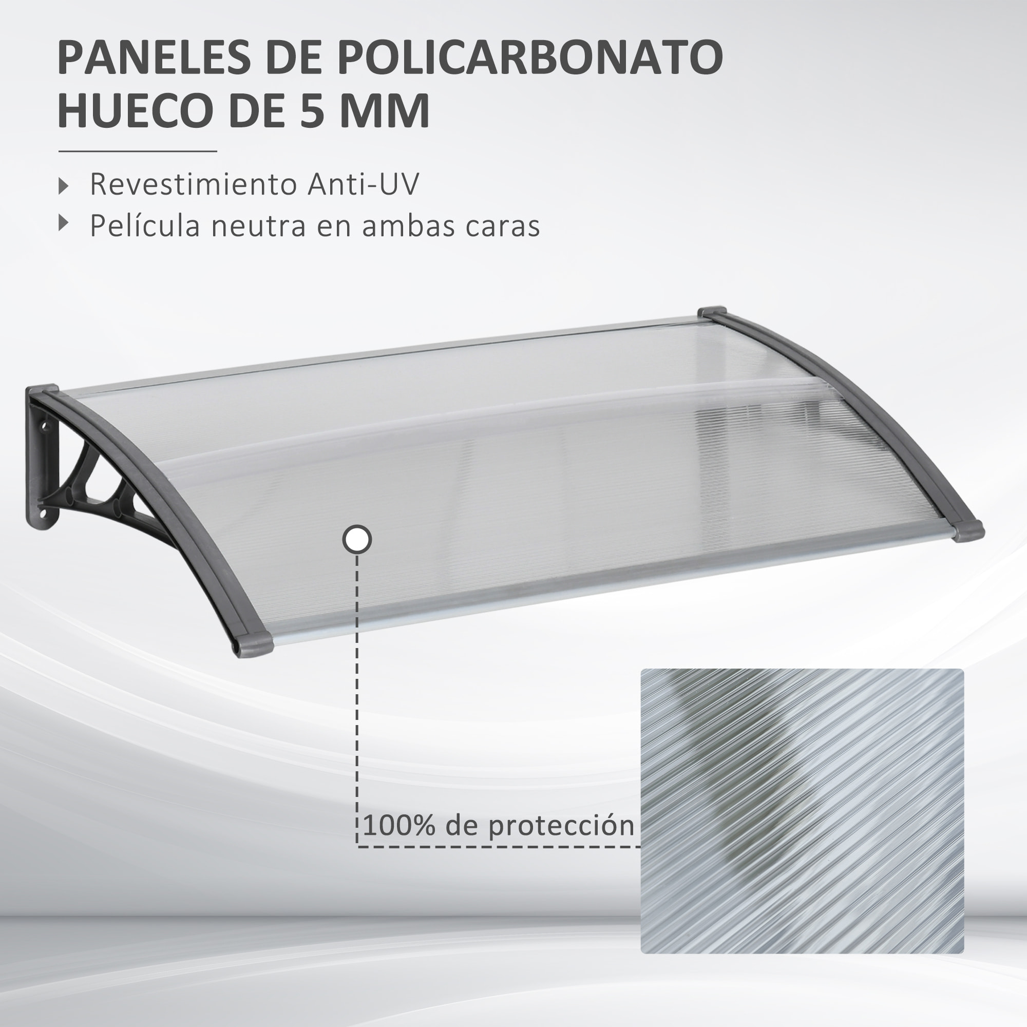 Tejadillo de Protección 110x60 cm Marquesina Exterior para Puertas y Ventanas contra Sol y Lluvia con Soporte de PP Policarbonato Transparente