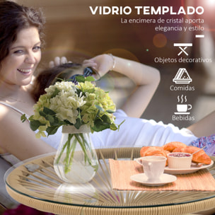 Mesa Auxiliar de Ratán Sintético con Tablero de Vidrio Templado Ø50x50 cm Beige