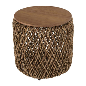 SIXTINE - Table d'appoint ronde diam50 rotin plateau bois teck recyclé