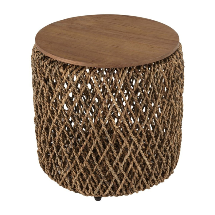 SIXTINE - Table d'appoint ronde diam50 rotin plateau bois teck recyclé