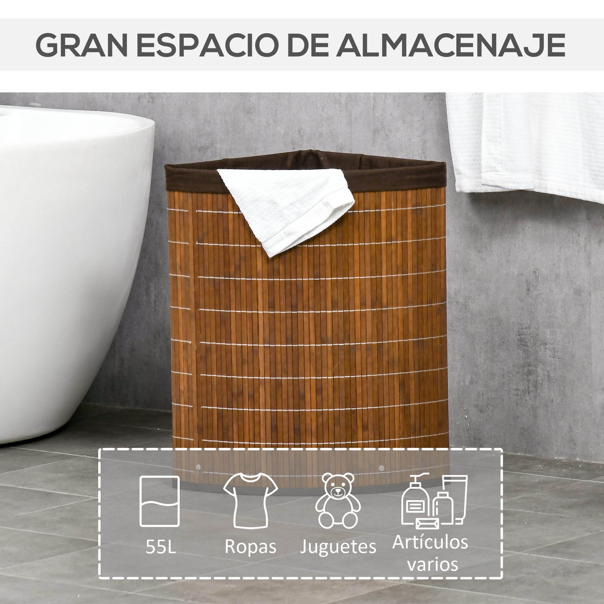 HOMCOM Cesto para Ropa Sucia de Bambú Capacidad de 55L Cesta para la Colada en Forma de Abanico con Tapa y Bolsa Extraíble 38x38x57 cm Marrón