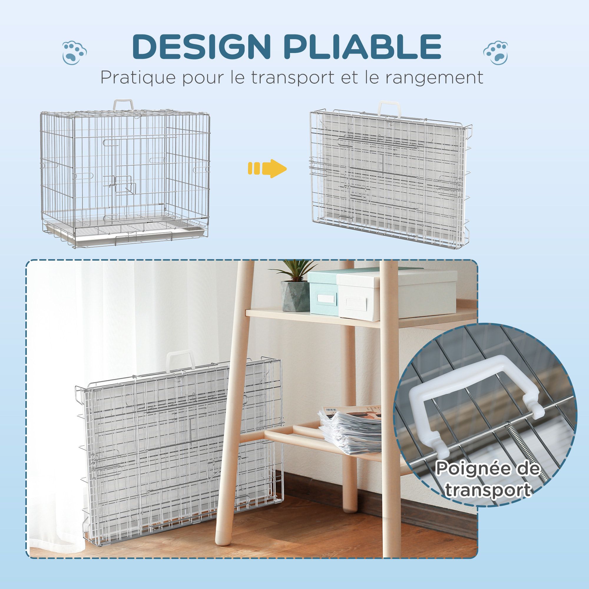 Cage pour chien pliable - plateau excrément coulissant - 2 portes verrouillable, poignée - dim. 61L x 43l x 50H cm - fer galvanisé PP blanc