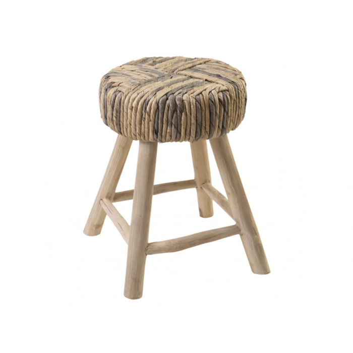 Tabouret en bois de teck avec tressage noir en abaca - SURYA