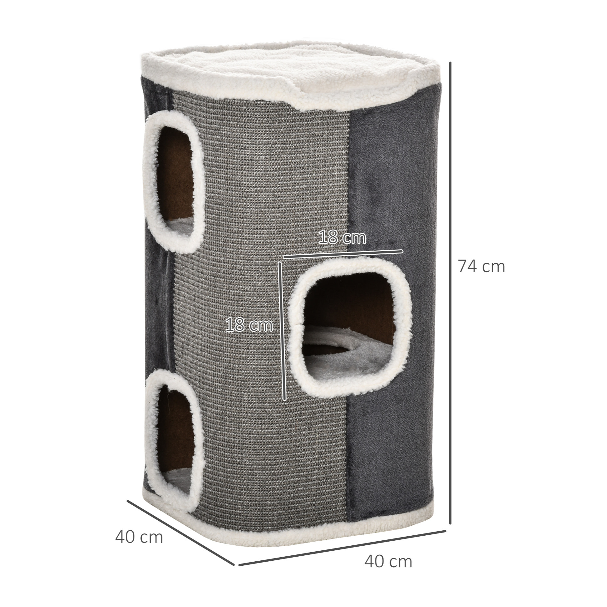 Barril Rascador para Gatos 74 cm de Altura Tonel de Escalada con 3 Cuevas de Sisal y Felpa Plataforma de Lana 40x40x74 cm Gris