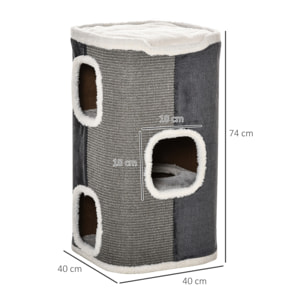 Barril Rascador para Gatos 74 cm de Altura Tonel de Escalada con 3 Cuevas de Sisal y Felpa Plataforma de Lana 40x40x74 cm Gris