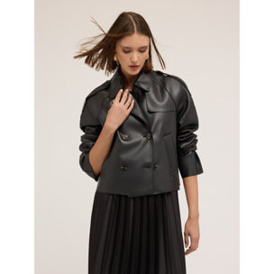 Motivi - Gabardina corta cruzada de tejido revestido - Negro