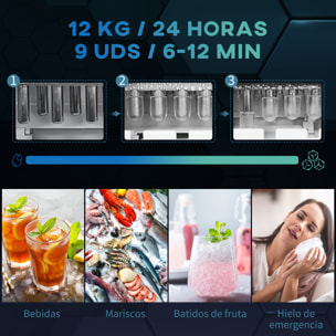 Máquina para Hacer Hielo Silenciosa Máquina de Hielo Doméstico 12 Kg en 24 Horas 9 Cubitos en 6-12 Minutos Depósito de Agua 1,3 L con Cuchara y Canasta 22,2x29,4x29 cm Negro