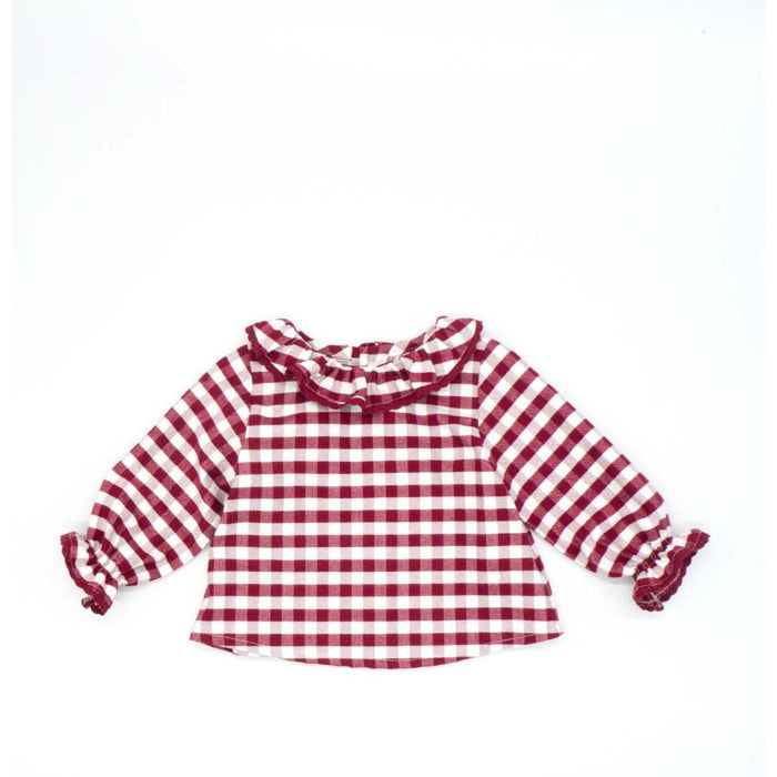 Blusa con cuello volante de cuadro vichy granate y blanco