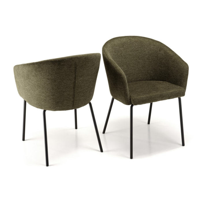 ULYSSE - Lot de 2 chaises tissu vert olive pieds acier noir