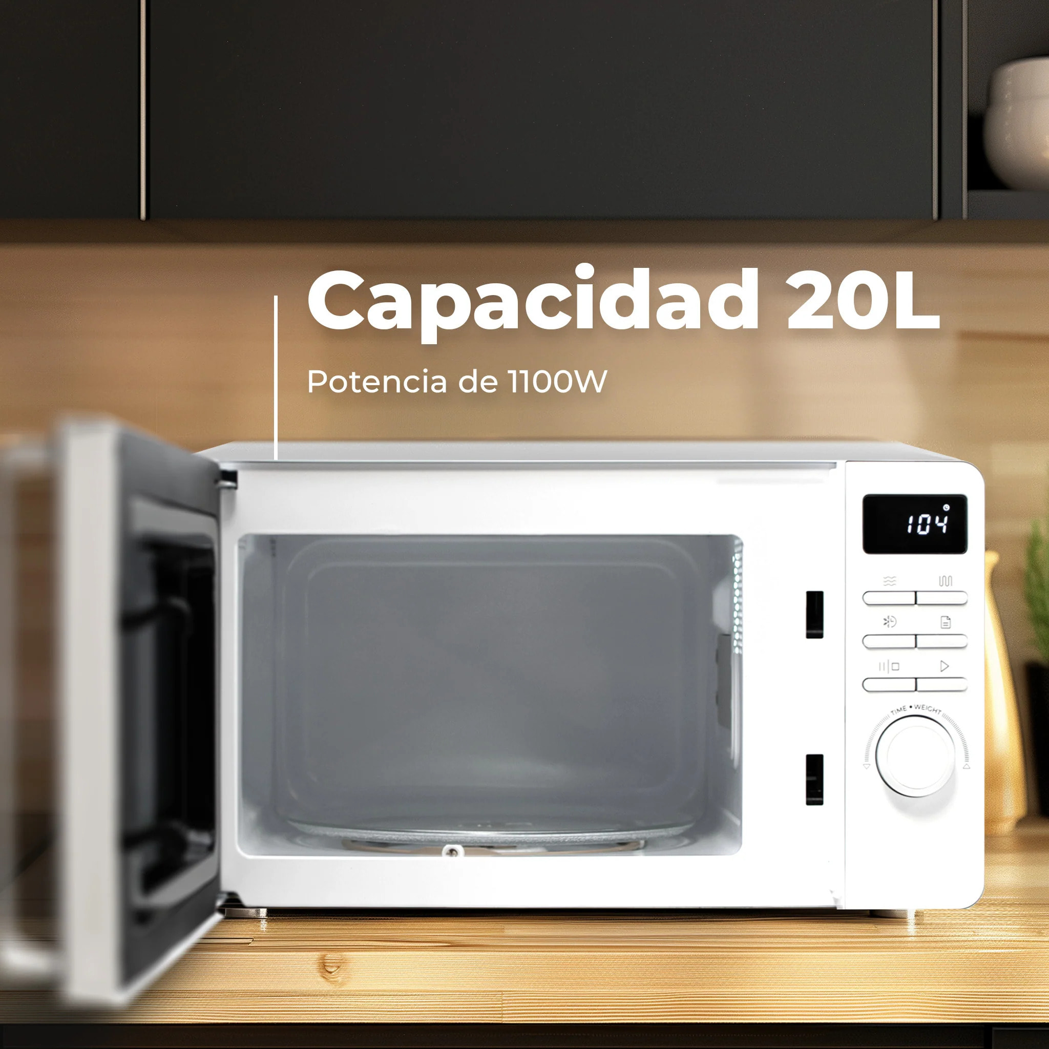 EVVO Microondas M20 Black, 20L de Capacidad, Grill 800W, Puerta Efecto Espejo, Multifunción, Función Descongelar, Temporizador 60 Minutos,Display Digital (Acabado Negro)