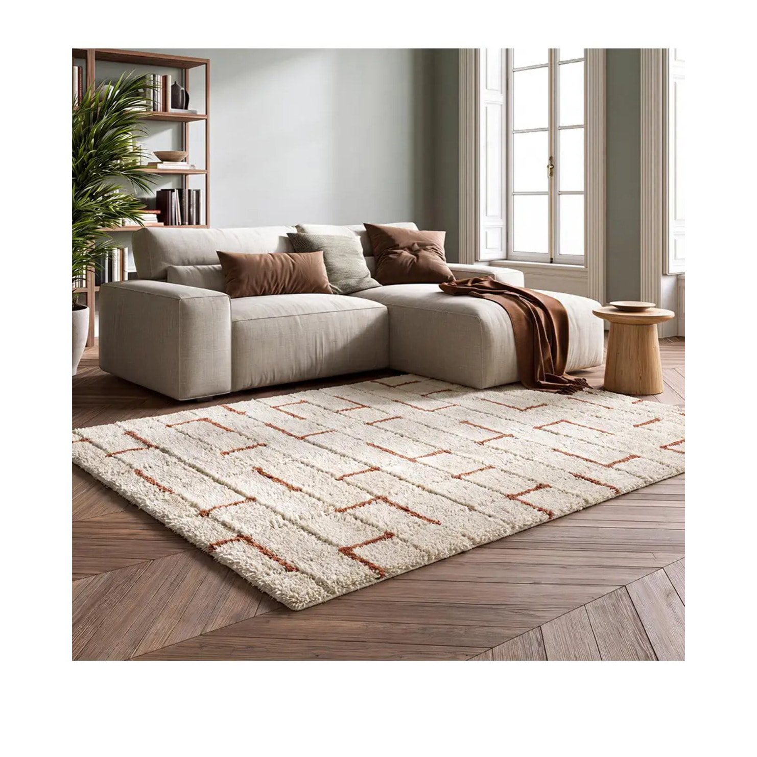 BRENDA Alfombra shaggy geométrica con relieve blanco y motivos caldera, varias medidas disponibles