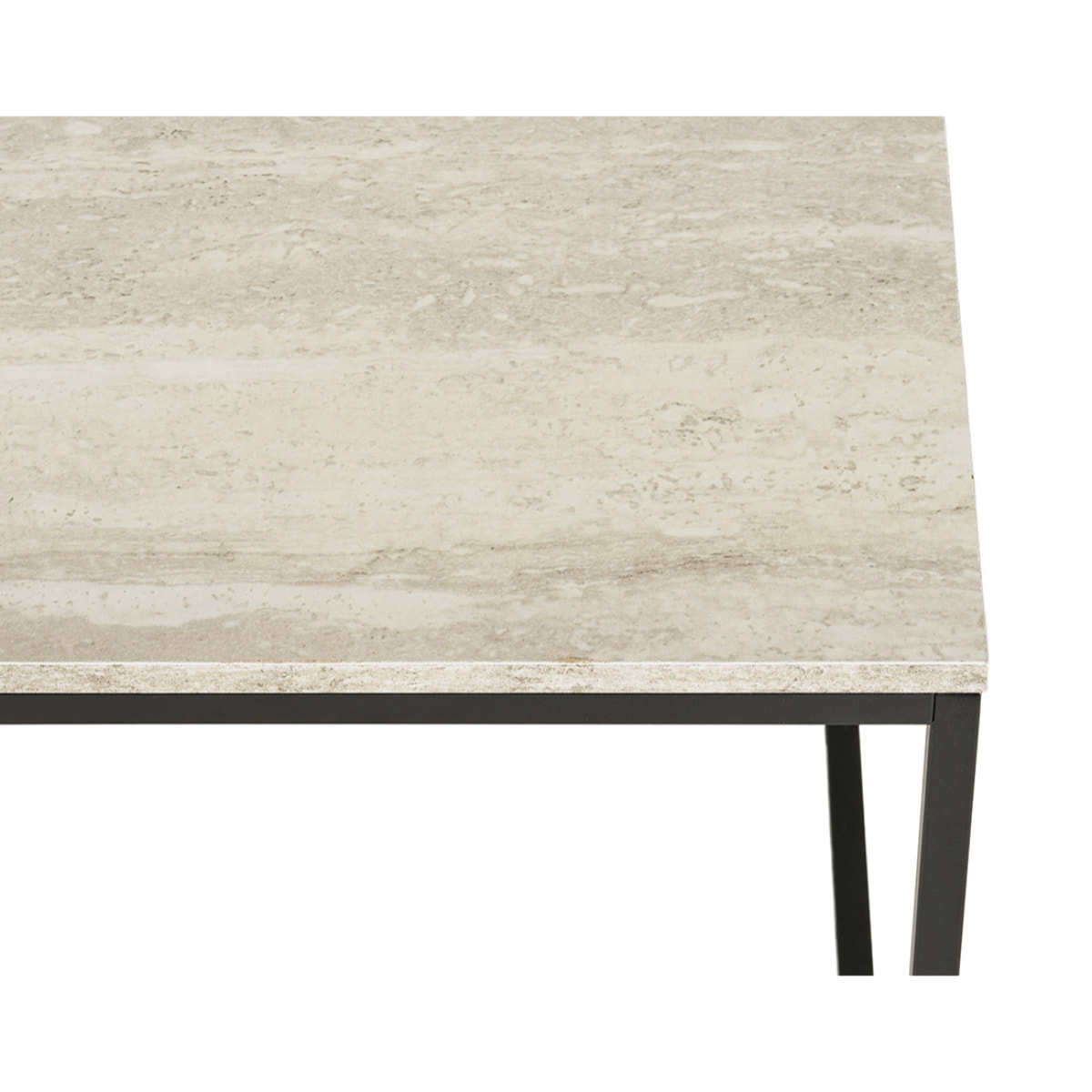 Maya - table basse plateau effet travertin en FSC  100% - pieds en métal - 90 cm - Beige / Noir