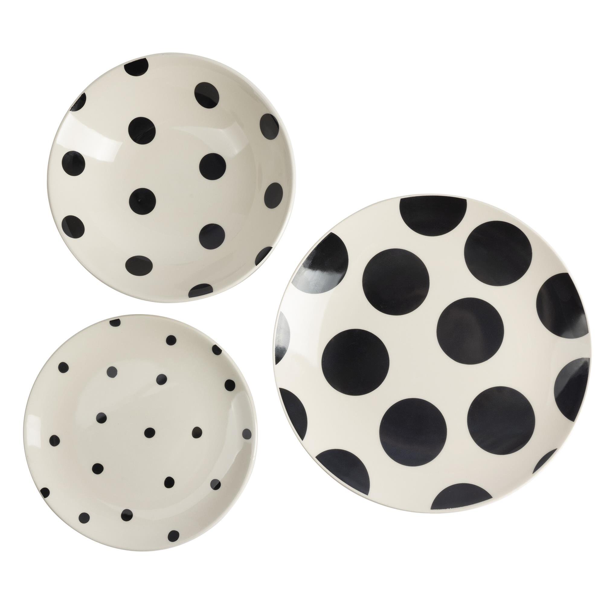 Set de vajilla de 12 piezas de gres con lunares negros (4 platos llanos 27 cm, 4 platos hondos 21 cm y 4 platos de postre 19 cm) – Dots La Maison