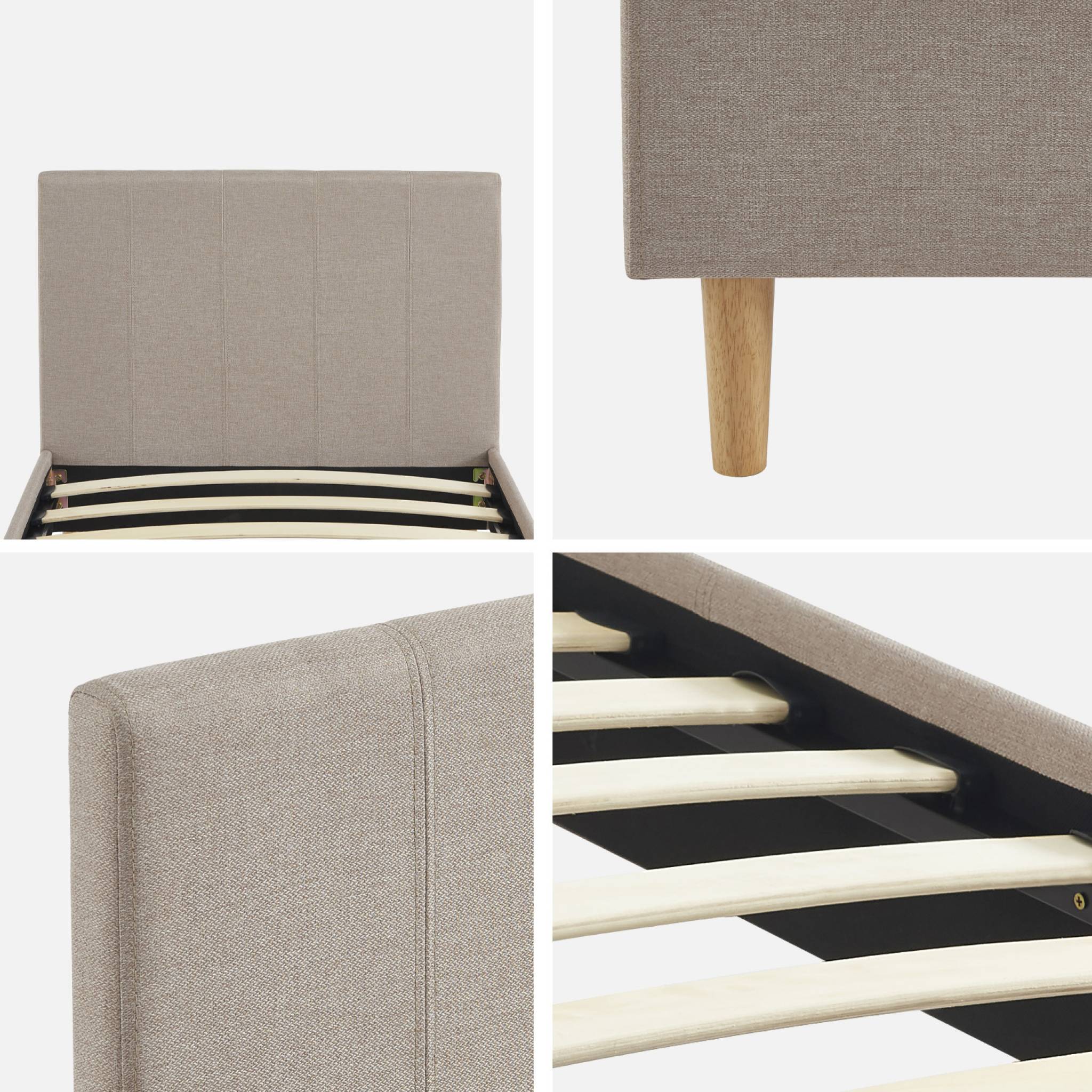 Lit avec sommier à lattes et tête de lit. finition tissu. beige. L 202 x P 96 x H 88cm