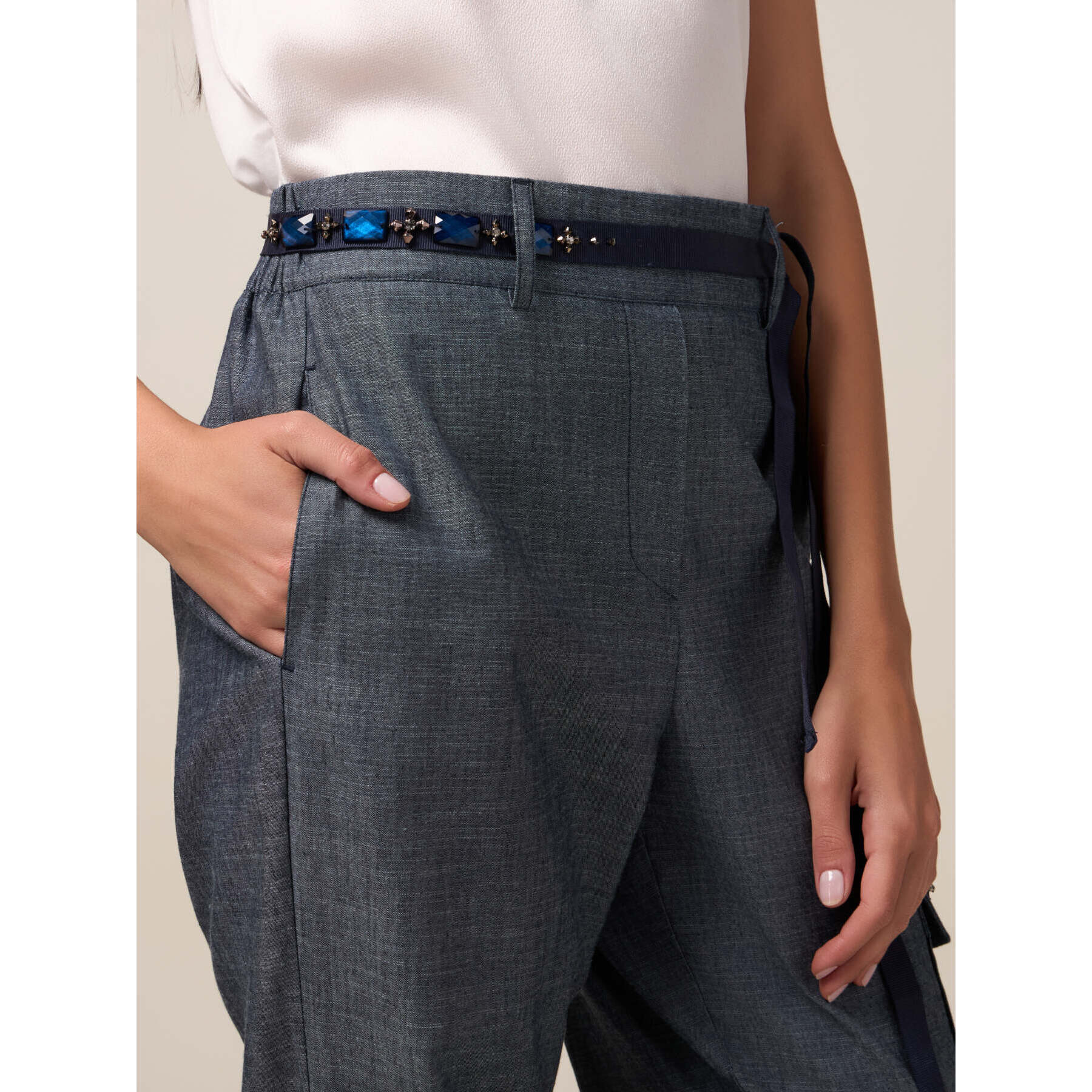 Oltre - Pantalones jogger de mezcla de lino con efecto denim - Azul