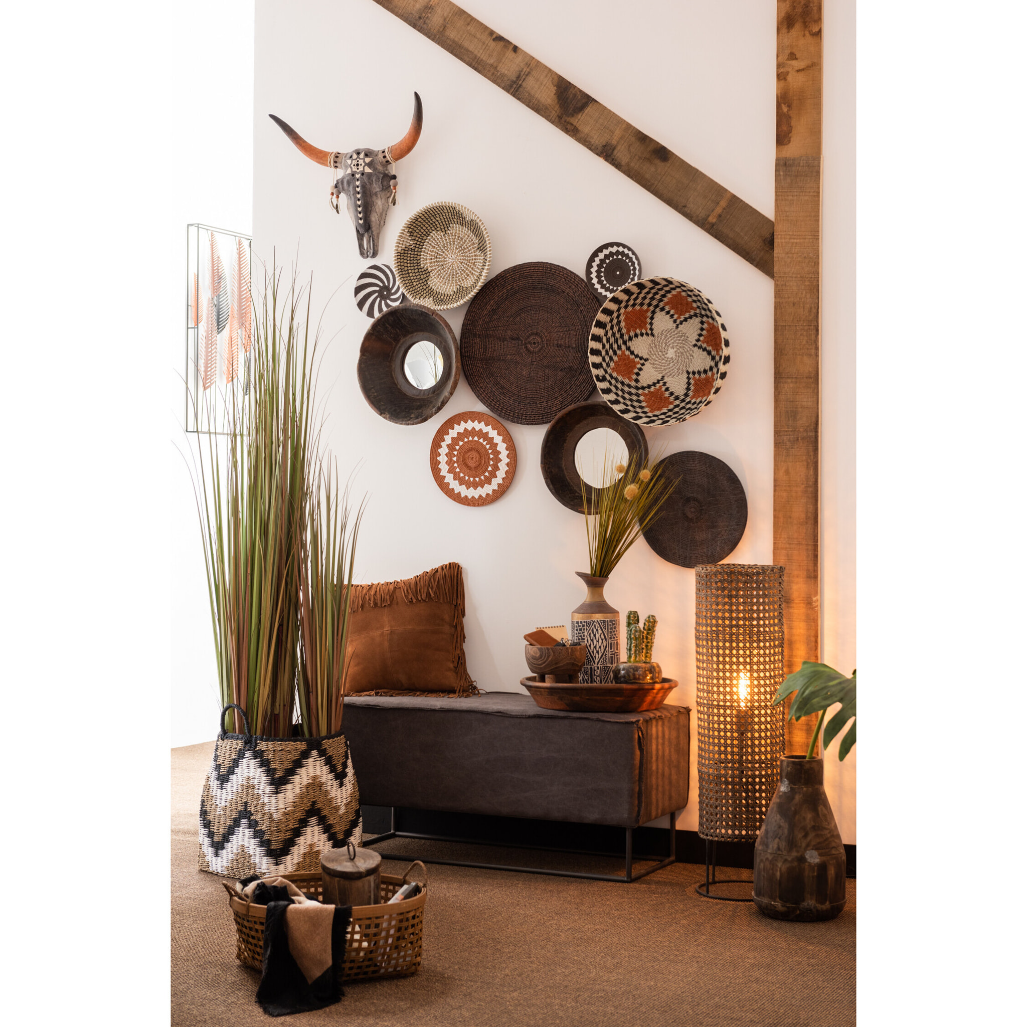 J-Line miroir Rond Forme De Bol - bois - marron - Ø 35 cm
