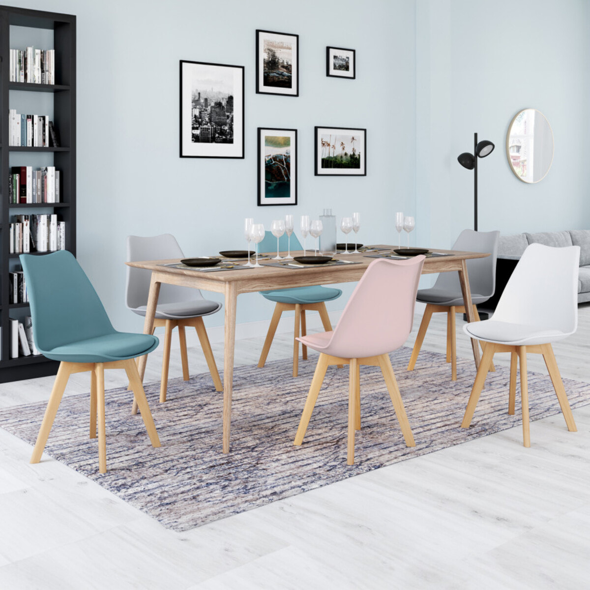 Chaises Nordia pieds bois de hêtre - Mix color - Blanc, rose, bleu pastel, gris clair