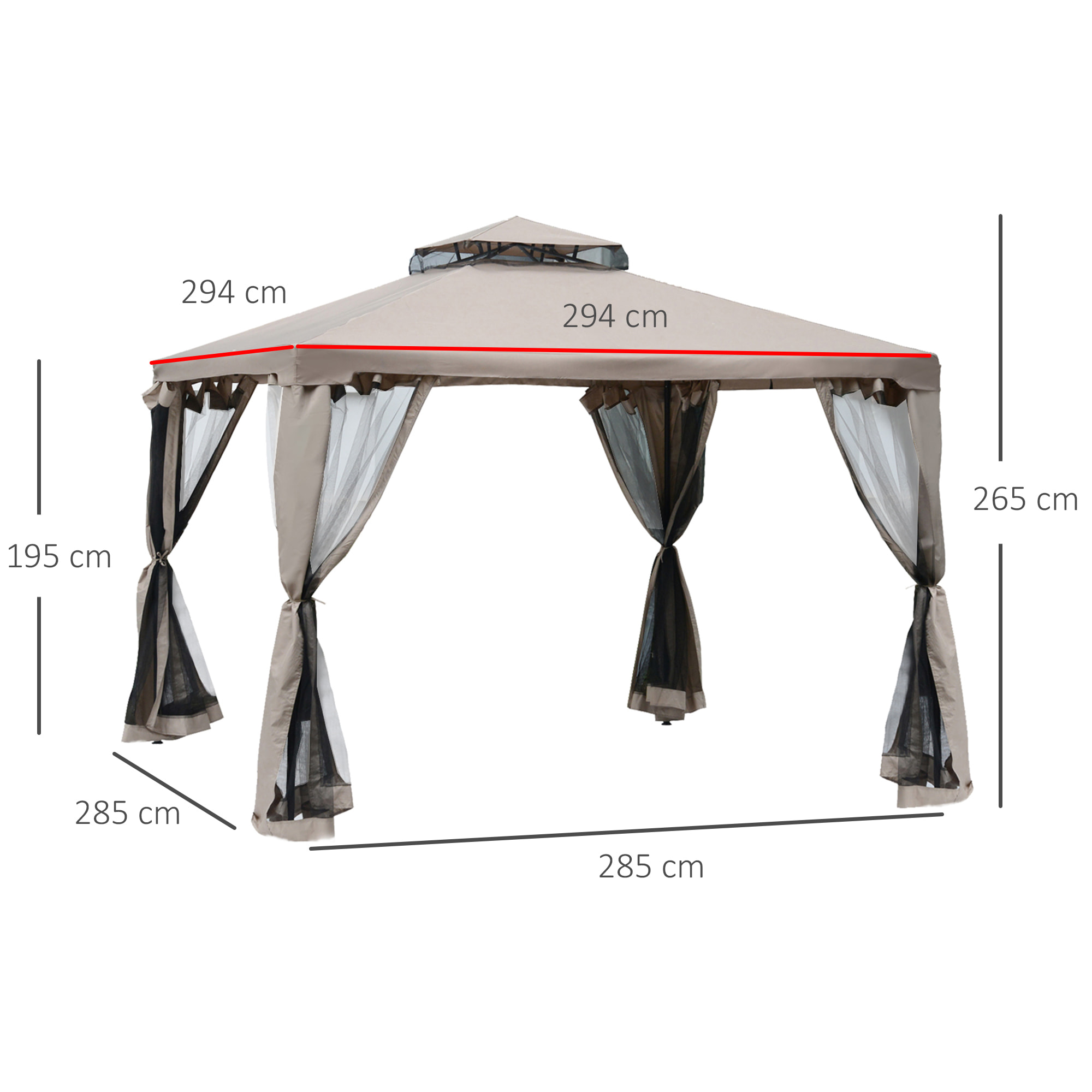 Cenador de Jardín 3x3 m Pabellón de Exterior con Doble Techo de Ventilación 4 Cortinas Mosquiteras Laterales con Cremallera 4 Orificios de Drenaje para Fiestas Patio Marrón Pardo