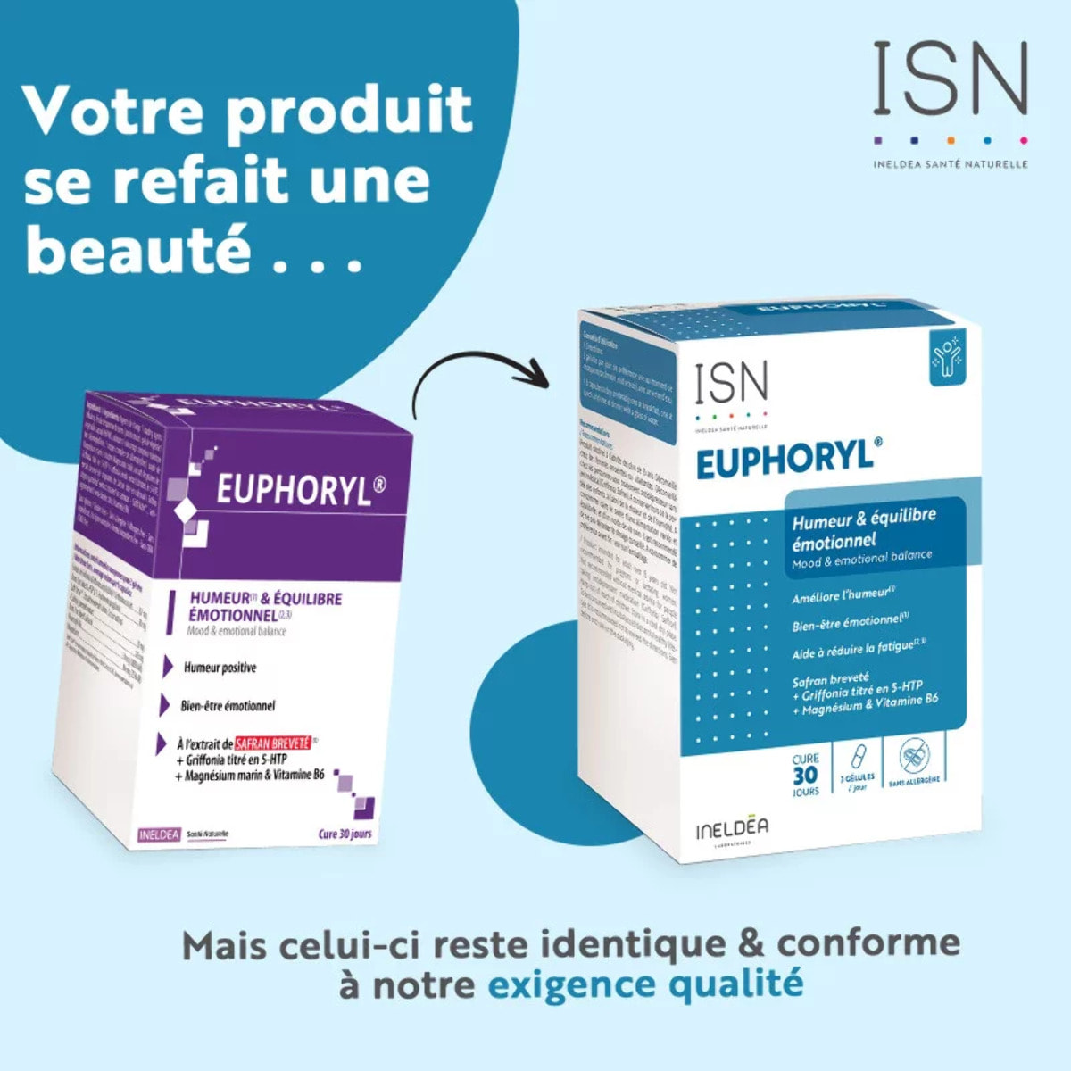 ISN - Euphoryl®- Complément alimentaire à base de Safran, Magnésium Marin et Vitamine B6 - Bon équilibre émotionnel - Vitalité - 90 gélules végétales - Cure 30 jours