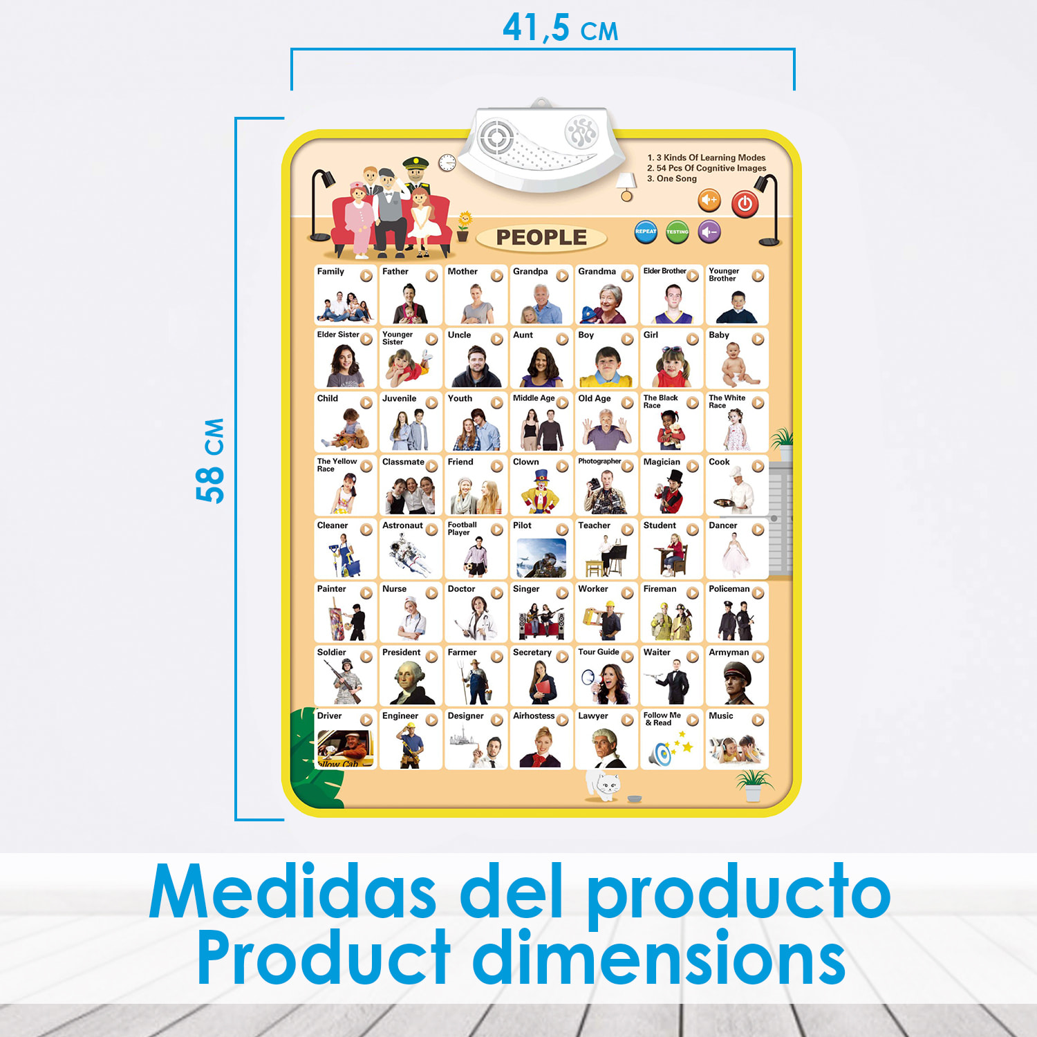 Abecedario electrónico interactivo con Personas y Personajes para aprender inglés, ABC parlante y póster musical. Juguete educativo para niños pequeños, guardería, preescolar.