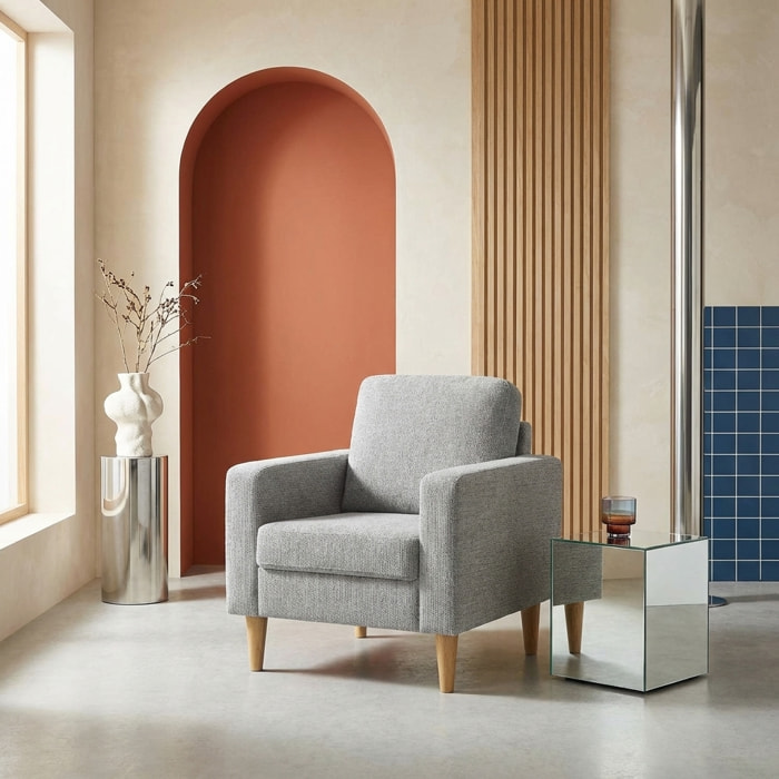 Fauteuil bois d'hévéa et tissu chenille  BJORN