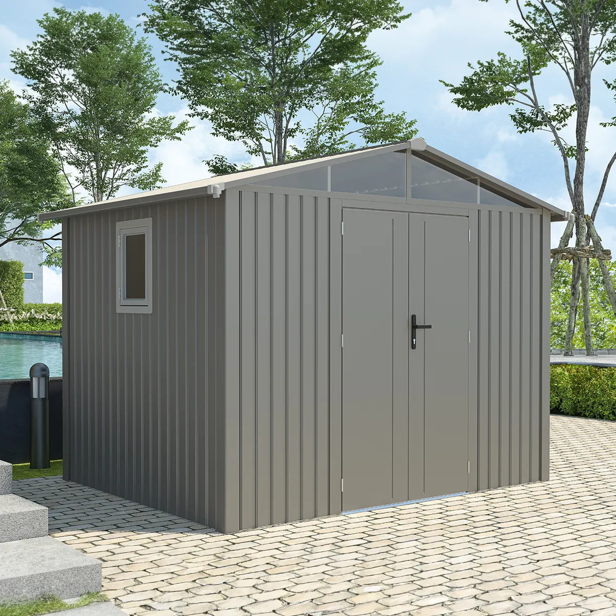 Abri de jardin métal gris taupe 5.71 m² + kit d'ancrage