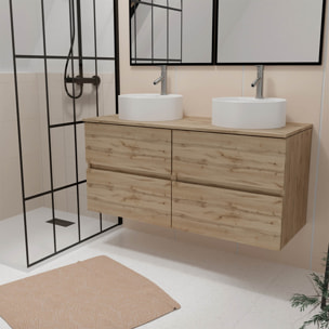 Meuble Salle de Bains 120cm 4 Tiroirs Chêne Naturel - 2 Vasques Rondes 41cm en Céramique Blanche
