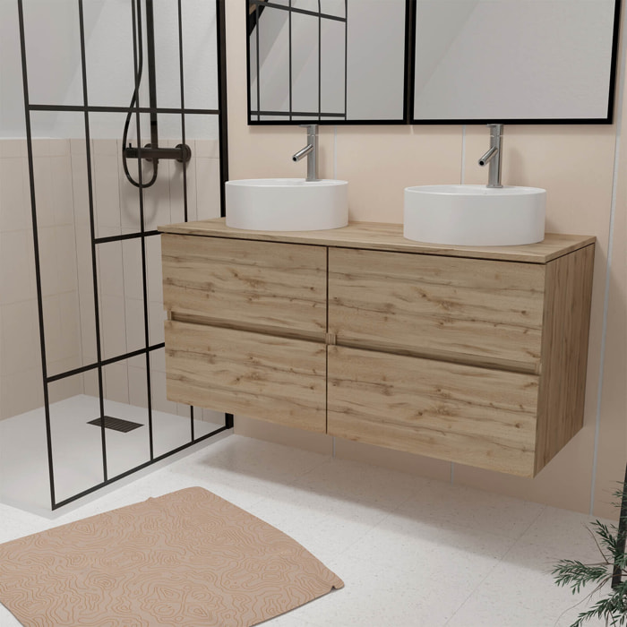 Meuble Salle de Bains 120cm 4 Tiroirs Chêne Naturel - 2 Vasques Rondes 41cm en Céramique Blanche