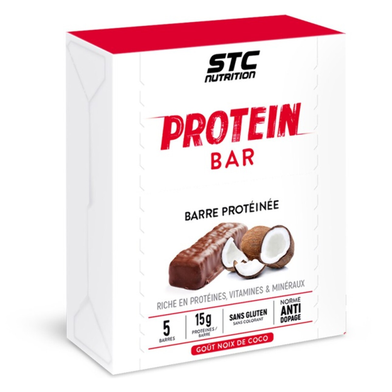 STC NUTRITION - Protein Bar - Barre protéinée enrichie en vitamines & minéraux - Maintien de la masse musculaire - Coconut - 14g de protéines par barre - Etui de 5 barres