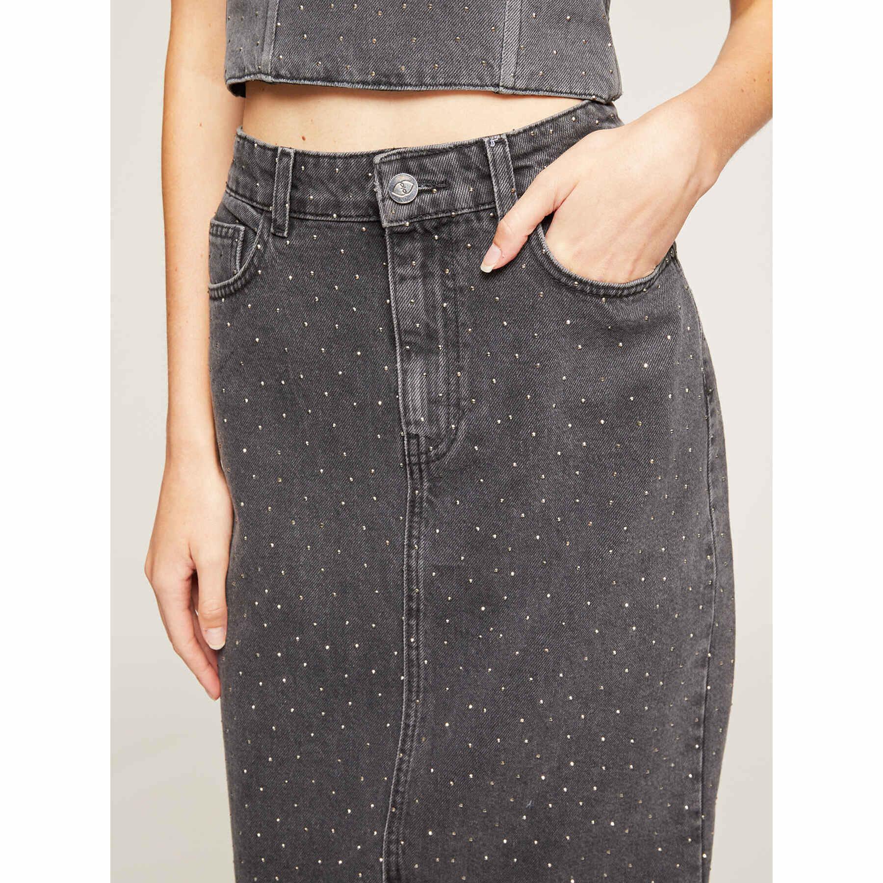 Motivi - Gonna lunga con spacco in denim con strass - Nero