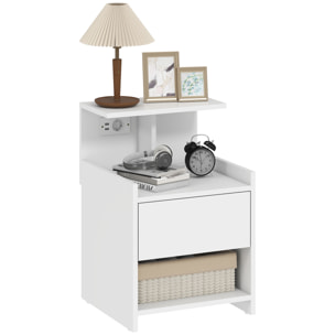 Mesita de Noche con Estación de Carga, Mesilla de Noche Dormitorio con Puertos USB, Cajón y Estantes Abiertos, para Salón, Estudio, 40x40x60 cm, Blanco