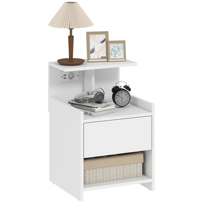 Mesita de Noche con Estación de Carga, Mesilla de Noche Dormitorio con Puertos USB, Cajón y Estantes Abiertos, para Salón, Estudio, 40x40x60 cm, Blanco