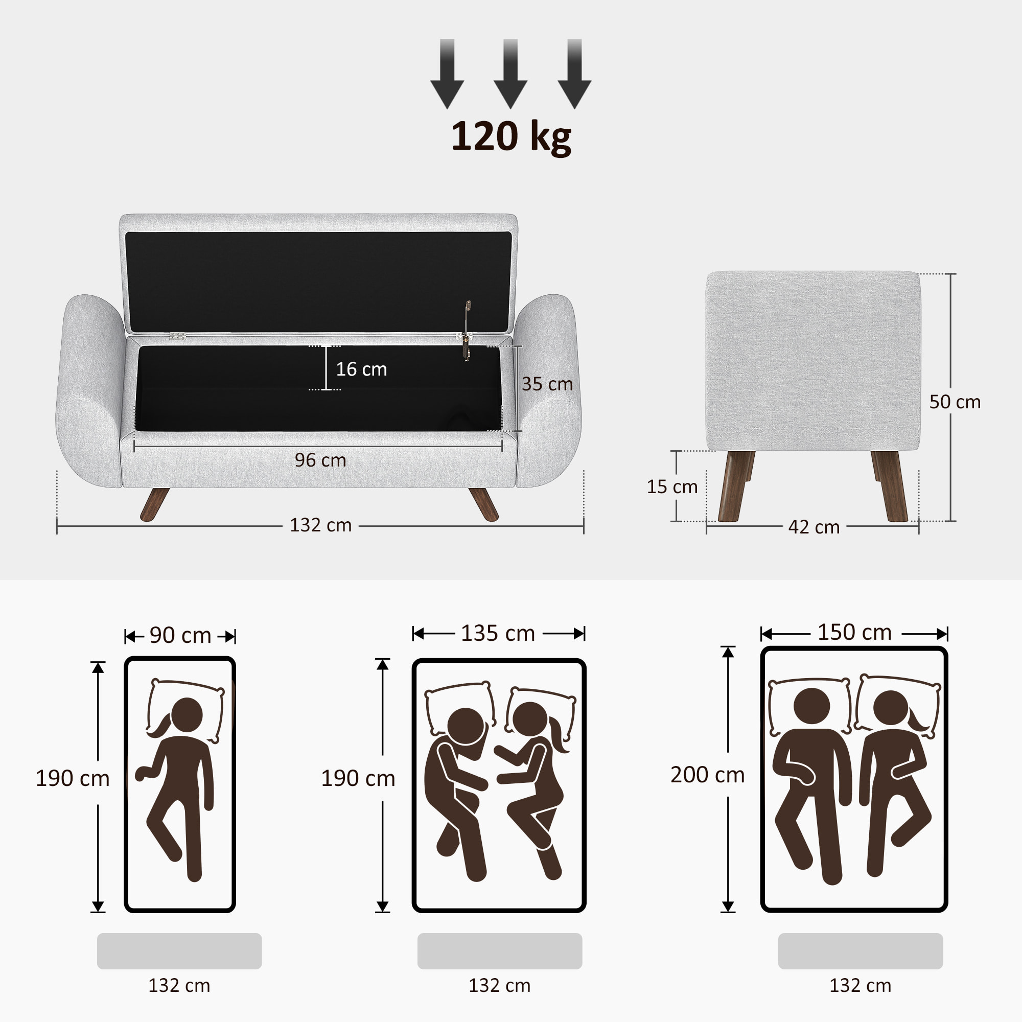 Banc coffre design - banquette avec rangement - dim. 132 x 42 x 50 cm - piètement bois tissu gris clair