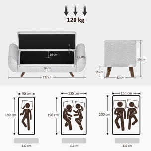 Banc coffre design - banquette avec rangement - dim. 132 x 42 x 50 cm - piètement bois tissu gris clair