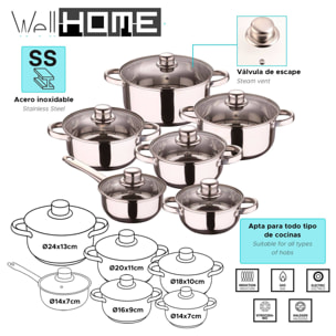 set de batería de cocina de 12pc en acero inoxidable + 3 sartenes ø16ø20ø24cm azul metalizado en aluminio prensado