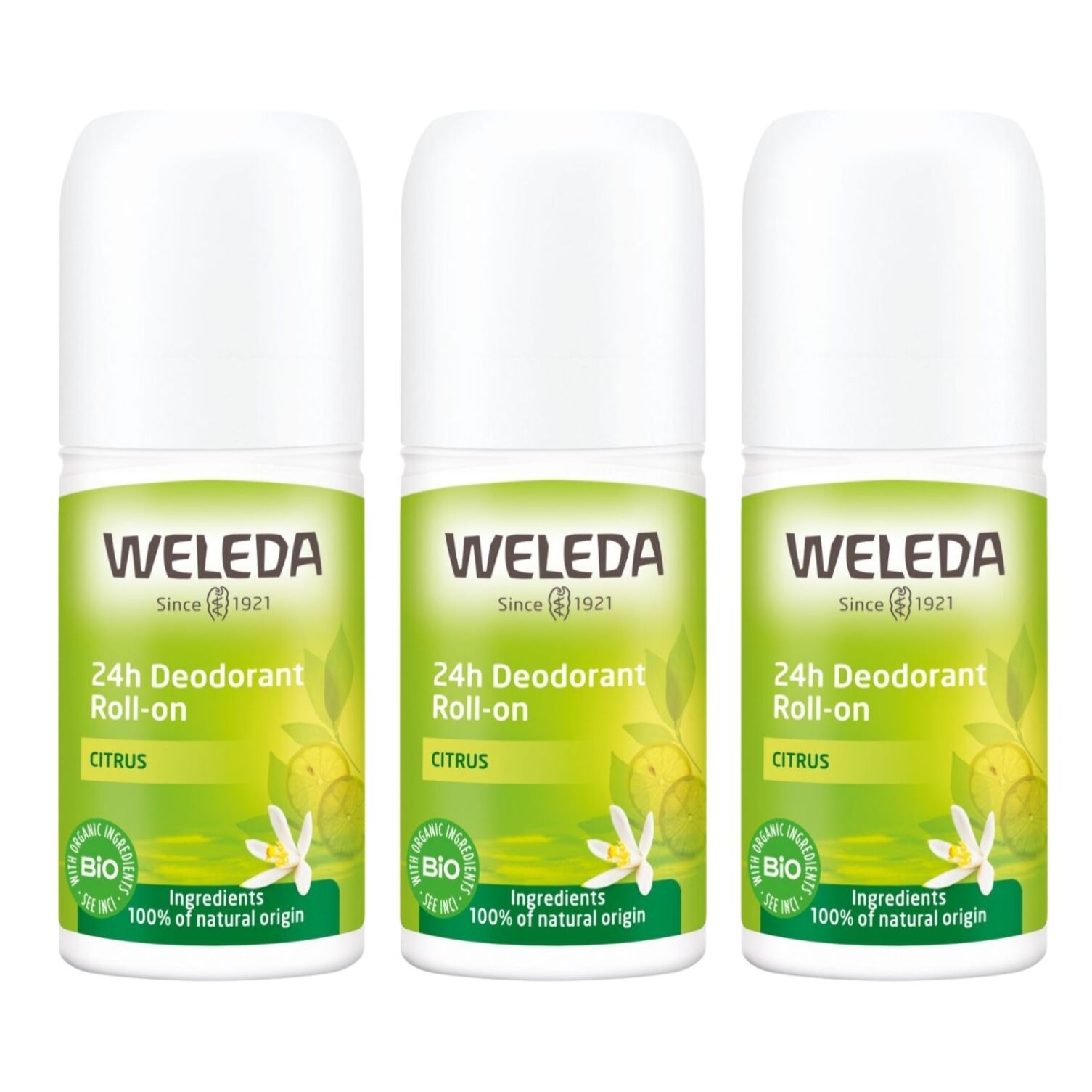 WELEDA - Trio Déodorant roll-on 24H Citrus - 100% d'origine naturelle - Vegan* - Certifié Natrue** - Roll-on 50 ml x 3